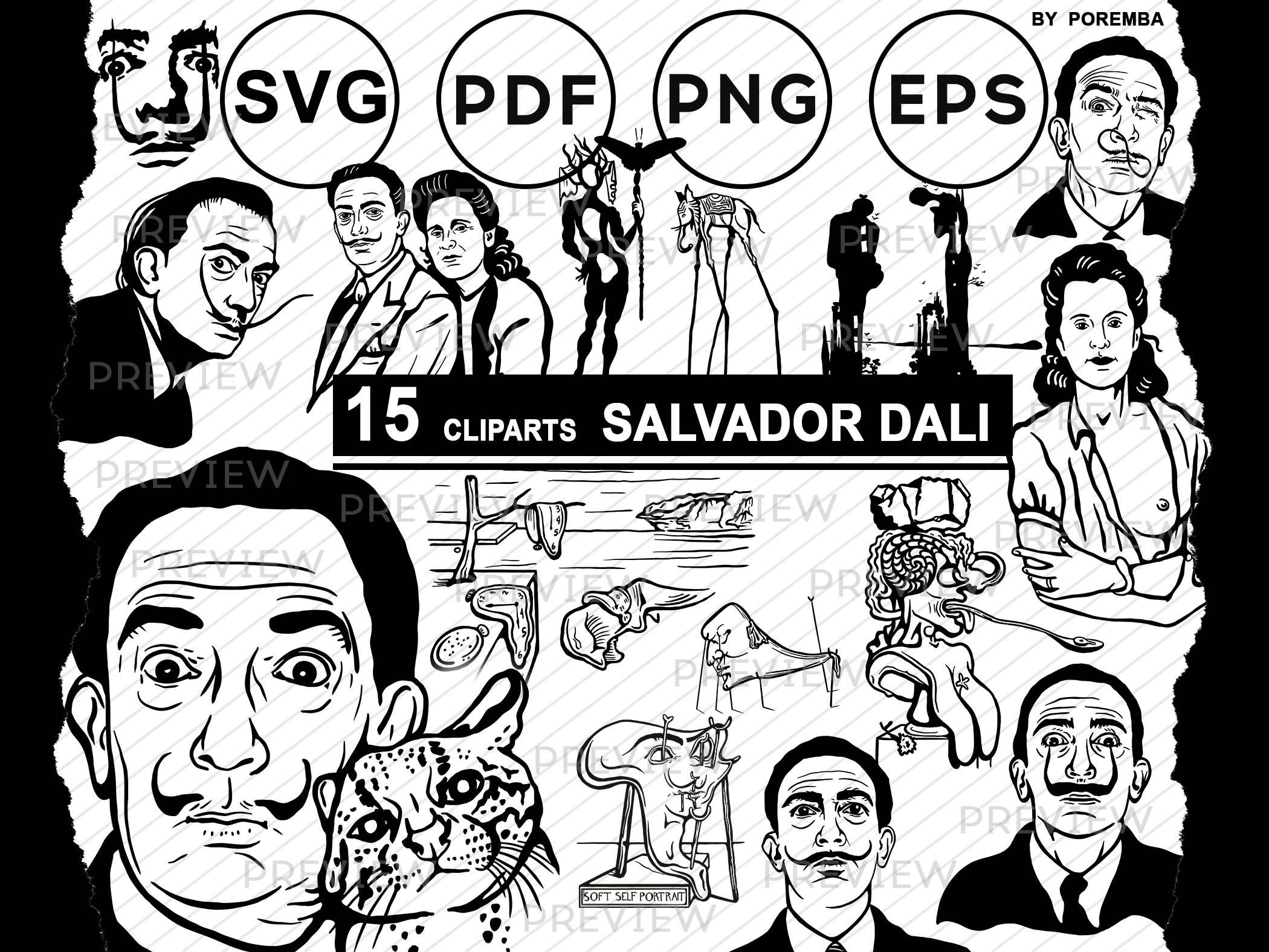 Salvador Dali vector clipart. Portraits and paintings bundle. Digital сlassics. Printable images. Vintage illustration. SVG, PNG.