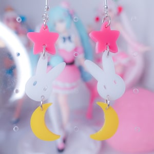 MOON BUNNY EARRINGS, Anime Jewelry, Moon Earrings, Rabbit Earrings, Star Accessories, Magical Girl Jewelry, Kawaii Earrings, Crescent Moon