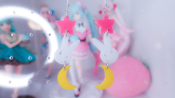 Moon Bunny Acrylic Earrings, Kawaii Magical Girl Jewelry, Anime Inspired Accessories