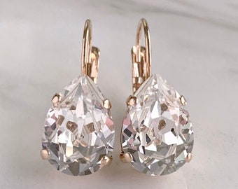 Pendientes de boda en forma de lágrima de oro rosa: Joyas de cristal con forma de gota de rocío
