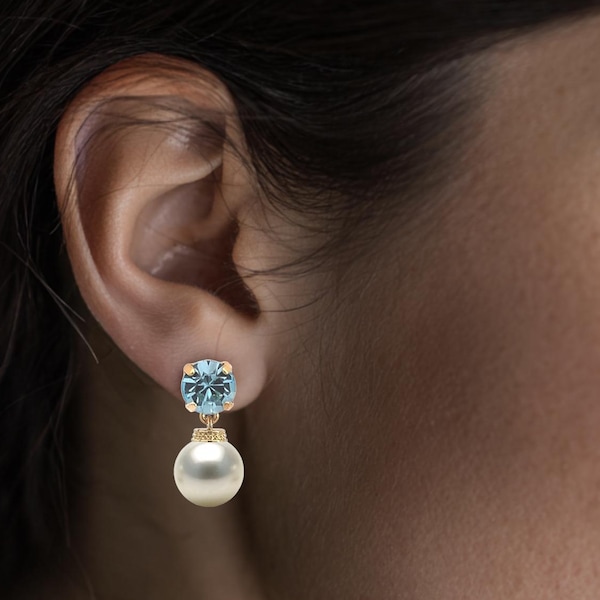 Aquamarine earrings - pearl drop earrings - March birthstone gift