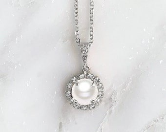 Simple pearl bridal necklace - crystal halo style necklace - wedding necklace