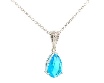 Blue zircon necklace - crystal teardrop pendant - December birthstone