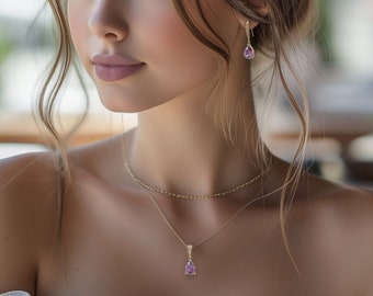 February birthstone jewelry set - amethyst crystal earrings and necklace