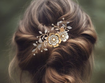 Boho wedding hair comb - flower hair comb - silver and gold