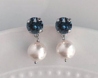 Sapphire earrings - pearl drop earrings - Swarovski crystal - Emmaline