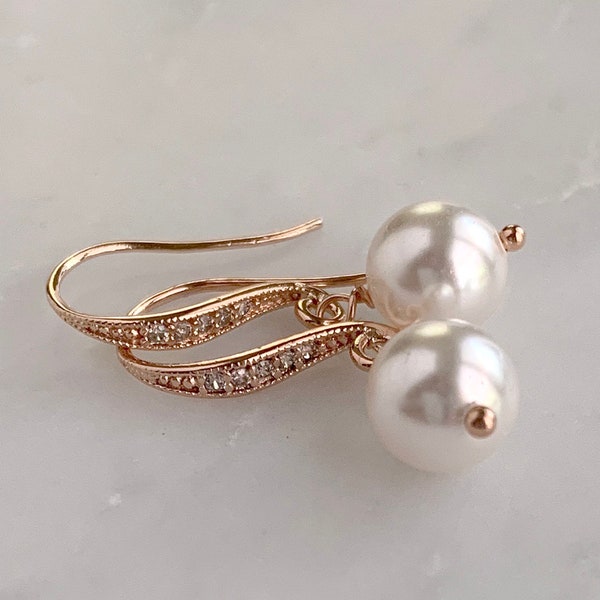 Pearl drop bridal earrings - rose gold