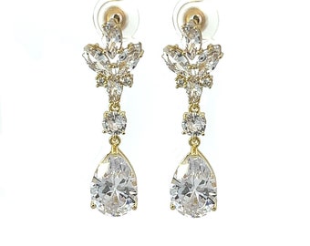 Crystal bridal earrings - elegant wedding earrings - gold with clear crystals