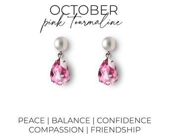 October birthstone earrings - Pink Tourmaline earrings - crystal earrings - pearl earrings - birthday gift