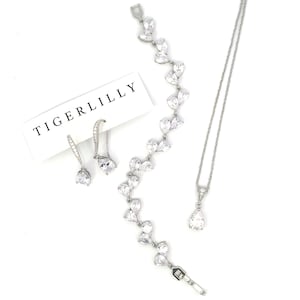 Mini teardrop bridal earrings, necklace, and bracelet set