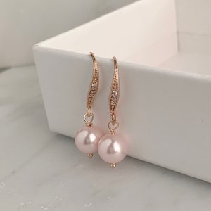 Blush pink pearl drop earrings with rose gold ear wires