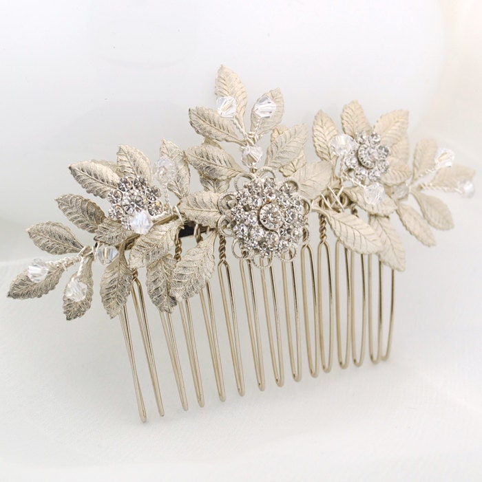 Leafy wedding hair comb silver leaf bridal comb Swarovski | Etsy