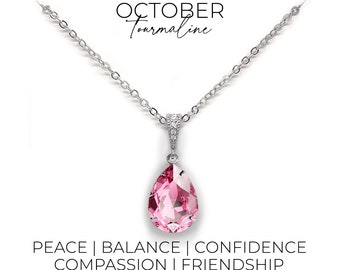 Pink tourmaline necklace - crystal teardrop pendant - October birthstone