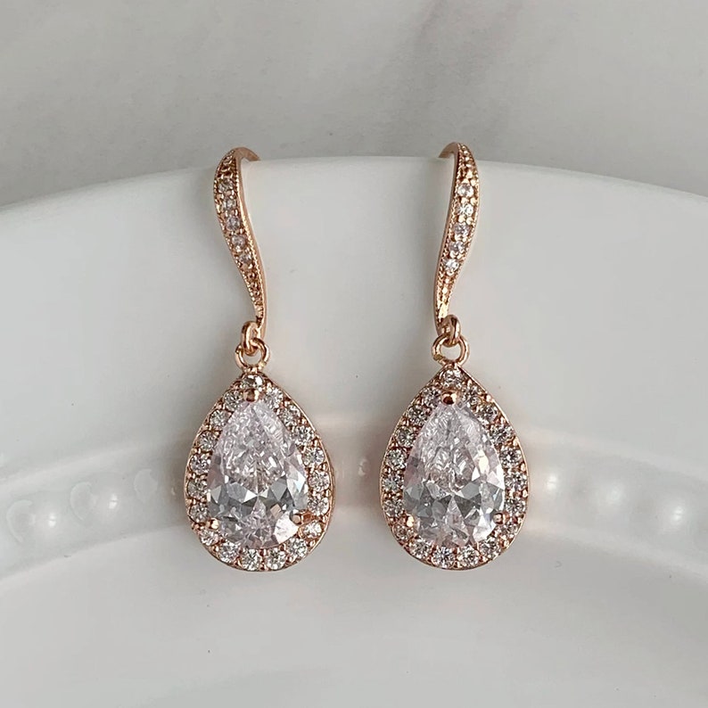 Teardrop bridal earrings wedding earrings crystal bridesmaids earrings Auden earrings rose gold