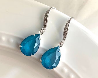 Blue Zircon Swarovski Crystal Teardrop Earrings - December Birthstone