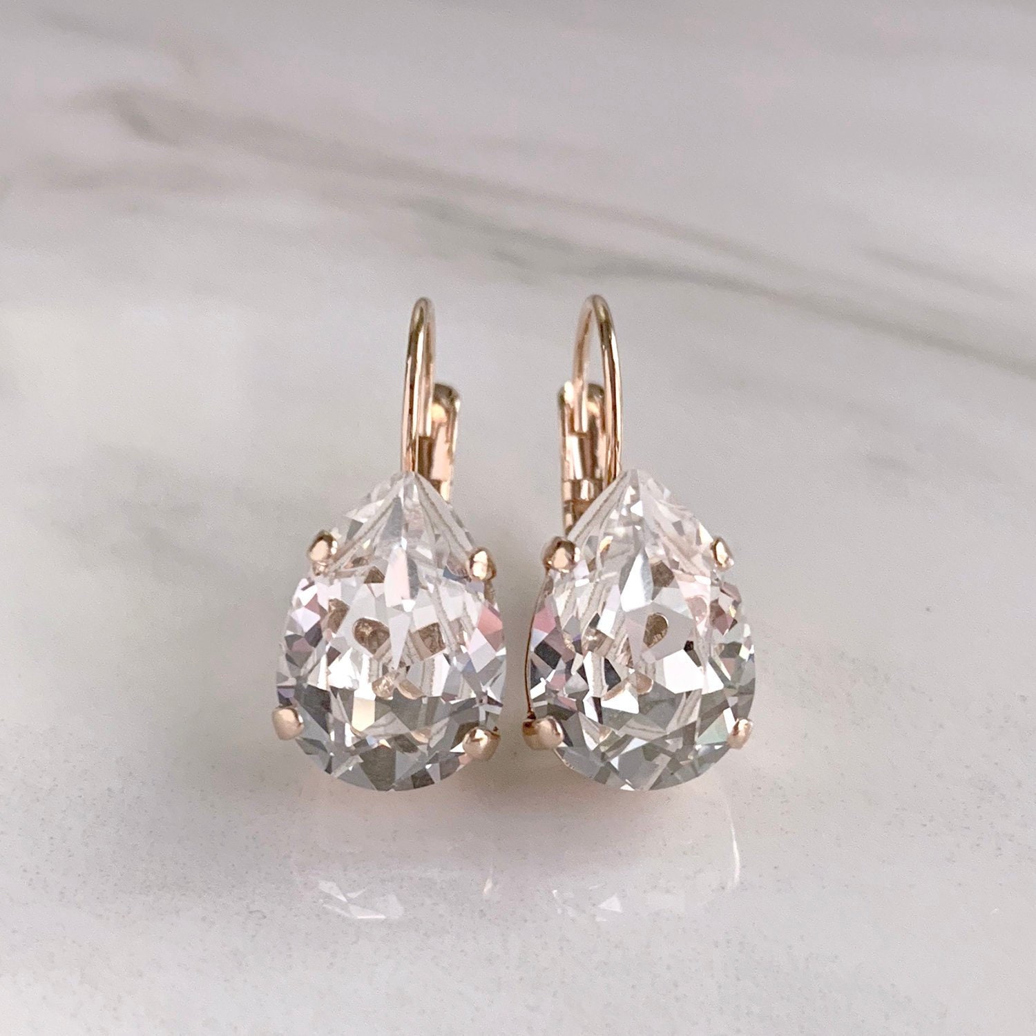 Rose gold wedding earrings simple drop earrings swarovski | Etsy