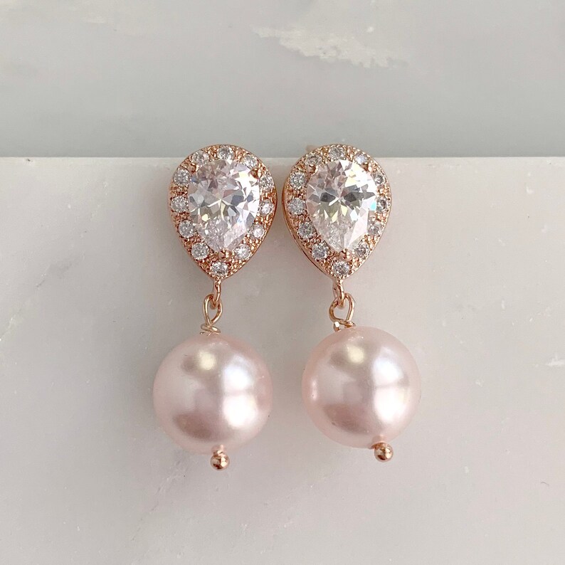 Pearl Drop Bridesmaids Earrings Blush Pearls Rose Gold Etsy