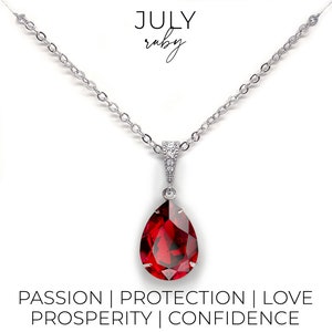 Ruby necklace - crystal teardrop pendant - July birthstone