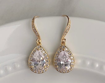 Gold Teardrop Bridal Earrings: Cubic Zirconia Wedding Jewelry