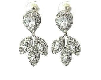 Crystal wedding earrings - leaf design - silver with clear crystals