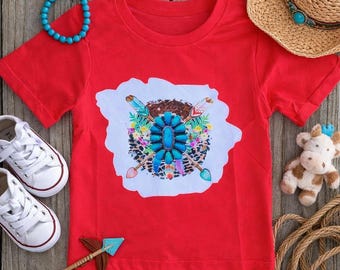 Red Western Arrowhead Kids Shirt, Boho Cowgirl Toddler Tee, Turquoise Western Shirt for Girls, Farm & Rodeo Outfit