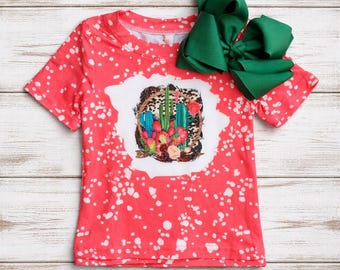 Coral Cactus Toddler Girl Shirt | Western Boutique Tee for Girls | Pink Splatter Kids Top | Farm Cowgirl Outfit | Girls Graphic T-Shirt