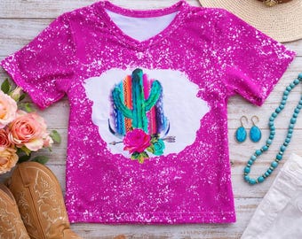 女の子用ピンクウエスタンサボテンシャツ、カウガールグラフィックTシャツ、サウスウェスタンキッズシャツ、ブティックブリーチTシャツ、ウエスタンブティックウェア、幼児用女の子