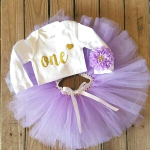 One Year Old Girl Birthday Outfit- First Birthday Party- ONE Gold Glittered- 1 Lavender Purple Tutu Outfits- Smash Cake Photo Props- Western