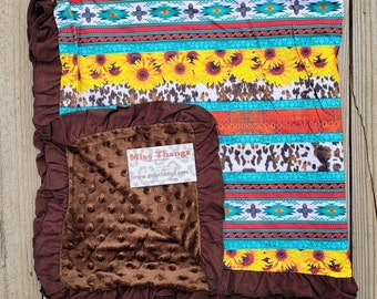 Western Cow Print Blanket, Aztec Turquoise Baby Minky Crib Blanket, Cowgirl Country Themed Nursery, Rodeo Sunflower Soft Stuff for Baby Girl