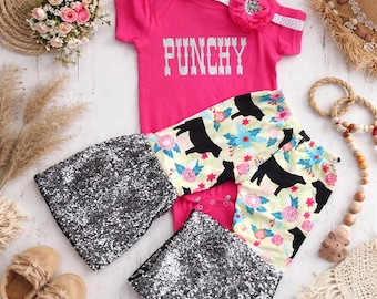 Punchy Cow Print Baby Girl Outfit | Pink Western Baby Set | Sequin Bell Bottoms | Boutique Cowgirl Infant Clothes, Punchy Rodeo Wear
