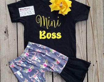 Mini Boss Boutique Girls Outfit, Infant Baby Kid Sets, Cow Print Bell Bottom Set, Bull Skull Flare Pants for Babies, Rodeo Fiesta Shirt Sets