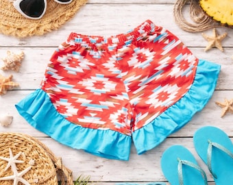 Girls Aztec Ruffle Shorts, Western Boutique Toddler Outfit, Summer Beach Shorts, Turquoise Red Boho Bummies, Cute Girls Boutique Clothing
