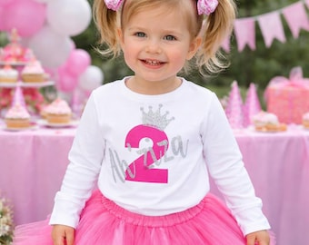 2. Geburtstag Mädchen Outfit, personalisiertes Geburtstags-Shirt, zweijähriges Geburtstags-Outfit, Kleinkind-Geburtstags-Shirt mit Krone