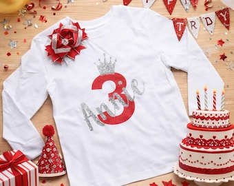 Third Birthday Girl Shirt, Personalized 3rd Birthday Outfit, Red Silver Birthday Shirt with Hair Bow, Custom Name Birthday Shirt