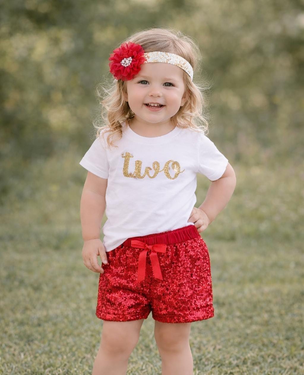 Two Birthday Outfit for Girl Red Sequin Shorts & Gold "Two" Shirt 2nd Birthday Outfit Toddler Girl Birthday Set Cake Smash Outfit