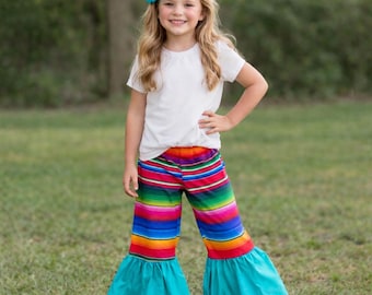 Pantaloni a zampa d'elefante per neonati in stile western Hippie Fiesta Serape, abbigliamento a righe per bambine, pantaloni a zampa in stile Rodeo Country, abbigliamento vintage per bambini, stile sud-occidentale