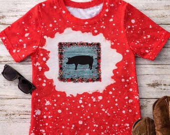 Chemise de porc blanchie rouge pour enfant | graphique animal de la ferme | Chemise western pour jeunes | T-shirt Country Boutique pour enfants