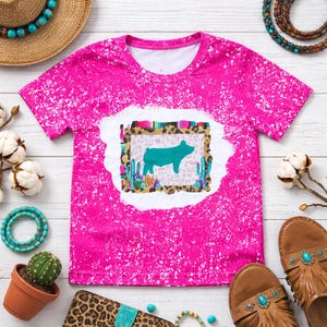 Camiseta turquesa de cerdos de exhibición, camiseta juvenil de cerdos de ganado, ropa de sarape occidental para niños pequeños, rosa desteñido, atuendos de cactus, cumpleaños con temática mexicana