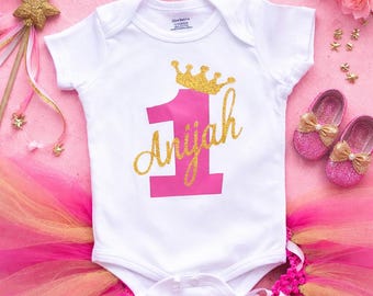 Girls 1st Birthday Outfit, Personalized Name Onesie, Pink and Gold First Birthday Shirt, Baby Girl Birthday Bodysuit, One Year Old Princess