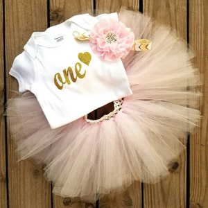 First Bday Party, ONE Year Old Girls Birthday Outfit, Light Pink and Gold Glittered Tutu Dress, Smash Cake Photo Props, Princess Themes