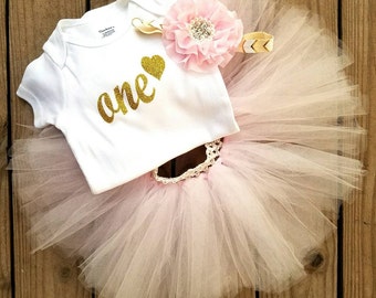 First Bday Party, ONE Year Old Girls Birthday Outfit, Light Pink and Gold Glittered Tutu Dress, Smash Cake Photo Props, Princess Themes