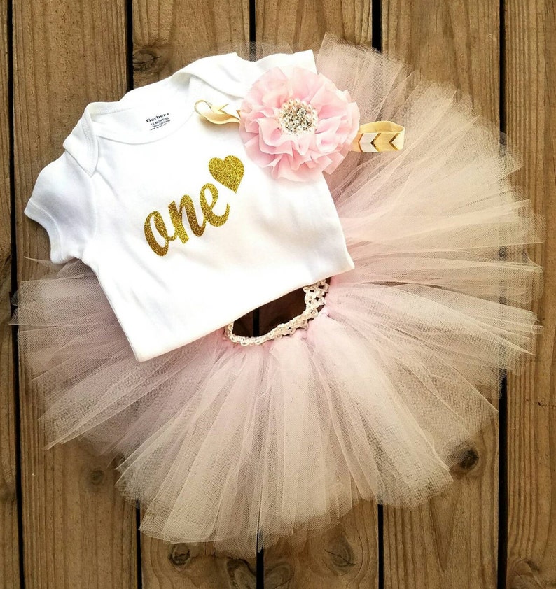 First Bday Party, ONE Year Old Girls Birthday Outfit, Light Pink and Gold Glittered Tutu Dress, Smash Cake Photo Props, Princess Themes image 1