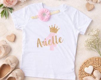 Fourth Birthday Girl Shirt with Headband | Custom Name Princess Birthday Outfit | Gold Crown Pink Number 4 Tee | Girl Birthday Shirt