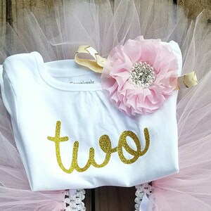 Two Year Old Girls Birthday Outfit, 2 Year Old Light Pink Tutu Dress, Second Party Dress, TWO Gold Glittered Top, Outdoor Party Wear Theme image 3