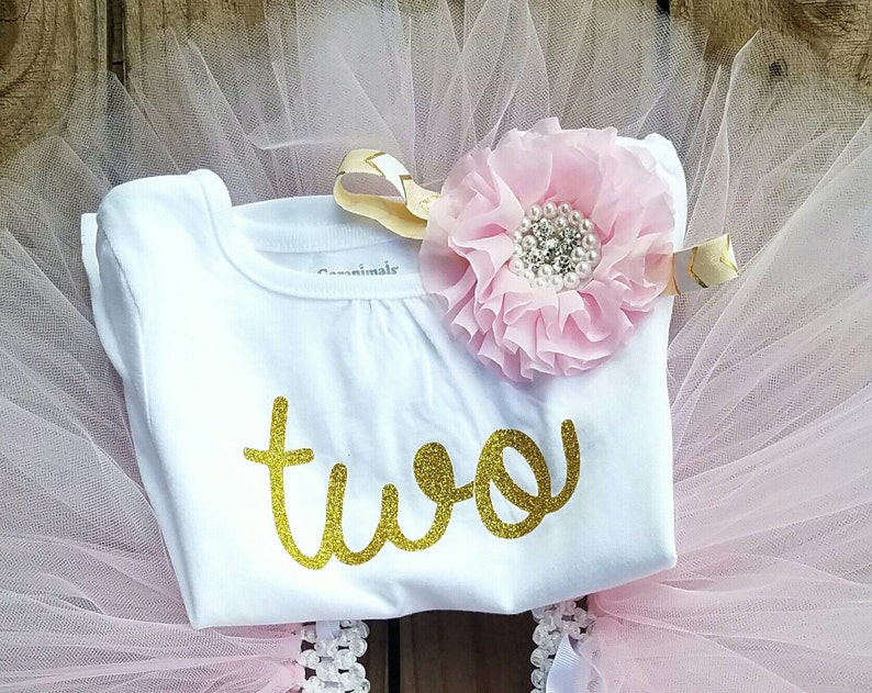 Two Year Old Girls Birthday Outfit, 2 Year Old Light Pink Tutu Dress, Second Party Dress, TWO Gold Glittered Top, Outdoor Party Wear Theme image 3