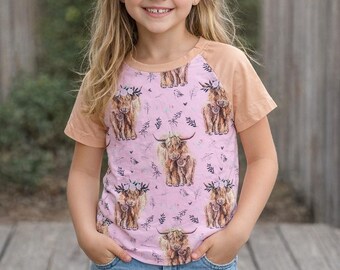 ハイランドカウガールズシャツ｜ピンクの農場動物ラグランTシャツ｜ウエスタンキッズブティックトップス｜女の子用カウガールシャツ｜幼児用ロデオ衣装