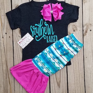 Baby Infant Girls Bell Bottoms, Southern Raised Graphic Tee, Flare Atzec Boho Pants, Western Cowgirl Wear, 3 Piece Set, Toddler Birthday Set