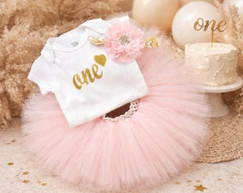 Boho First Birthday Outfit Girl, Pink & Gold ONE Tutu Set, Baby Girl 1st Birthday Cake Smash Outfit, One Birthday Bodysuit, Boho Smash Cake