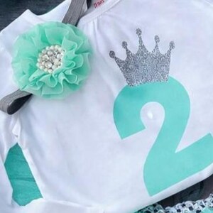 Turquoise 2nd Birthday Outfit Girl, Second Birthday Tutu Set, Princess Birthday Shirt & Tutu, Toddler Girl Birthday Outfit, Mint and Silver image 2