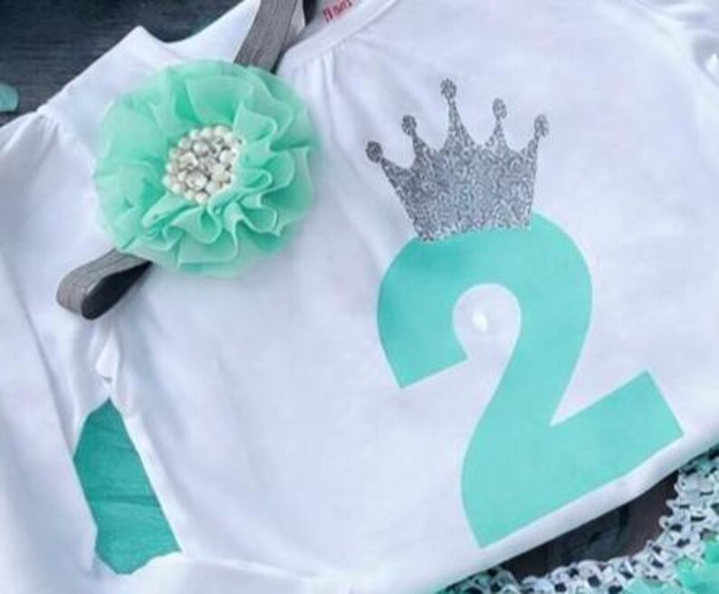 Turquoise 2nd Birthday Outfit Girl, Second Birthday Tutu Set, Princess Birthday Shirt & Tutu, Toddler Girl Birthday Outfit, Mint and Silver image 2